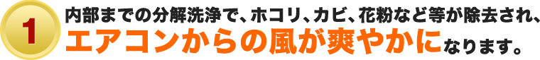 ①内部までの分解洗浄で、ホコリ、カビ、花粉など等が除去され、エアコンからの風が爽やかになります。
