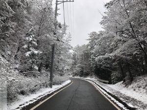 現場への道中は雪でした